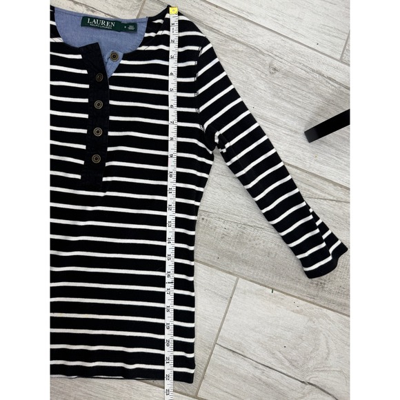 Lauren Ralph Lauren Womens Striped 3/4 Sleeve Button-Up Top Black/White - Picture 7 of 8